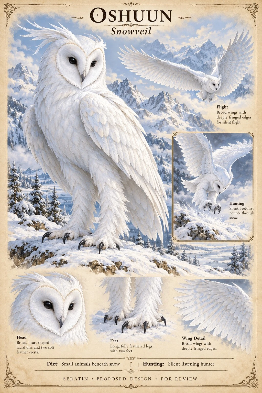 Fauna reference sheet showing Oshuun — Snowveil with appearance and anatomical detail studies.