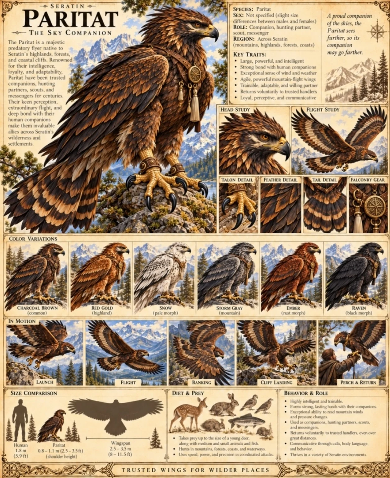 Bird reference sheet with a crested raptor, flight and feather studies, color variations, and scale comparisons.