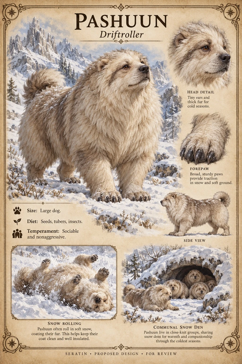 Fauna reference sheet showing Pashuun — Driftroller with appearance and anatomical detail studies.