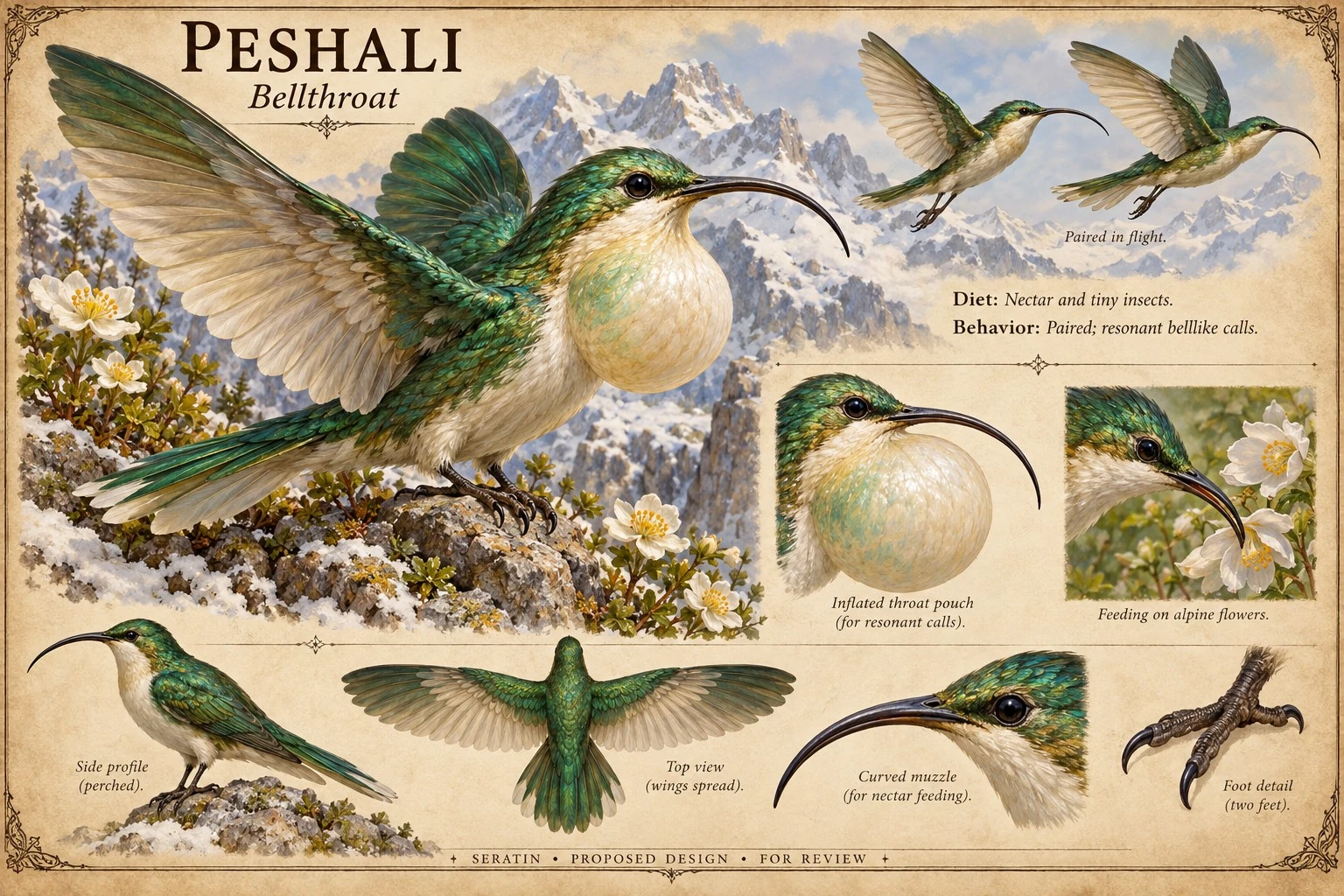 Fauna reference sheet showing Peshali — Bellthroat with appearance and anatomical detail studies.