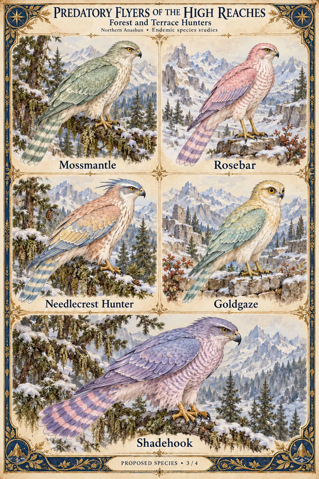 Proposed species sheet 3 of 4 of hawk-like hunters of the snowy forests and stone terraces of the High Reaches in northern Anashun: Mossmantle, Rosebar, Needlecrest Hunter, Goldgaze and Shadehook, with barred tails in pastel greens, pinks and violets.