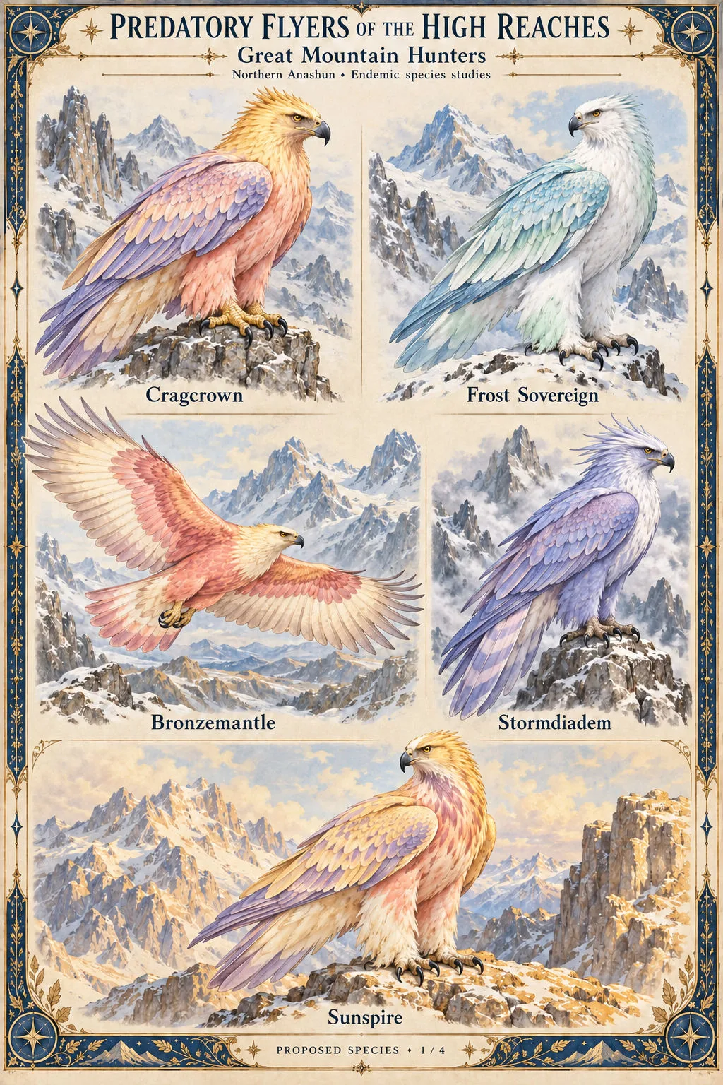Proposed species sheet 1 of 4 of large pastel-plumaged eagles of the High Reaches in northern Anashun: Cragcrown, Frost Sovereign, Bronzemantle, Stormdiadem and Sunspire, perched on and soaring above snowy mountain peaks.