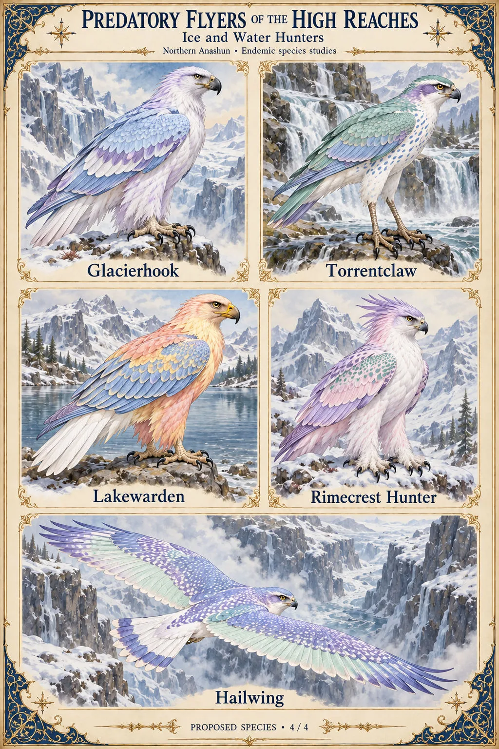 Proposed species sheet 4 of 4 of birds of prey from the glaciers, lakes and waterfalls of the High Reaches in northern Anashun: Glacierhook, Torrentclaw, Lakewarden, Rimecrest Hunter and Hailwing.
