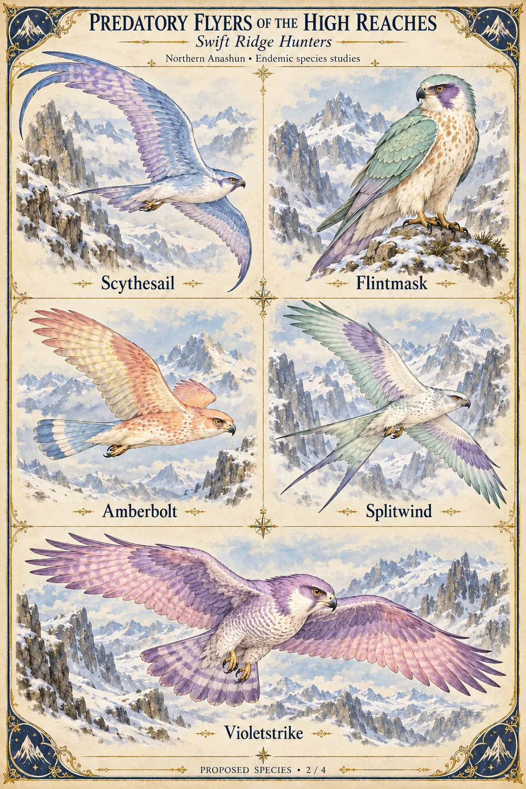 Proposed species sheet 2 of 4 of swift, falcon-like hunters of the High Reaches in northern Anashun: Scythesail, Flintmask, Amberbolt, Splitwind and Violetstrike, shown in flight and perched among snowy ridges.