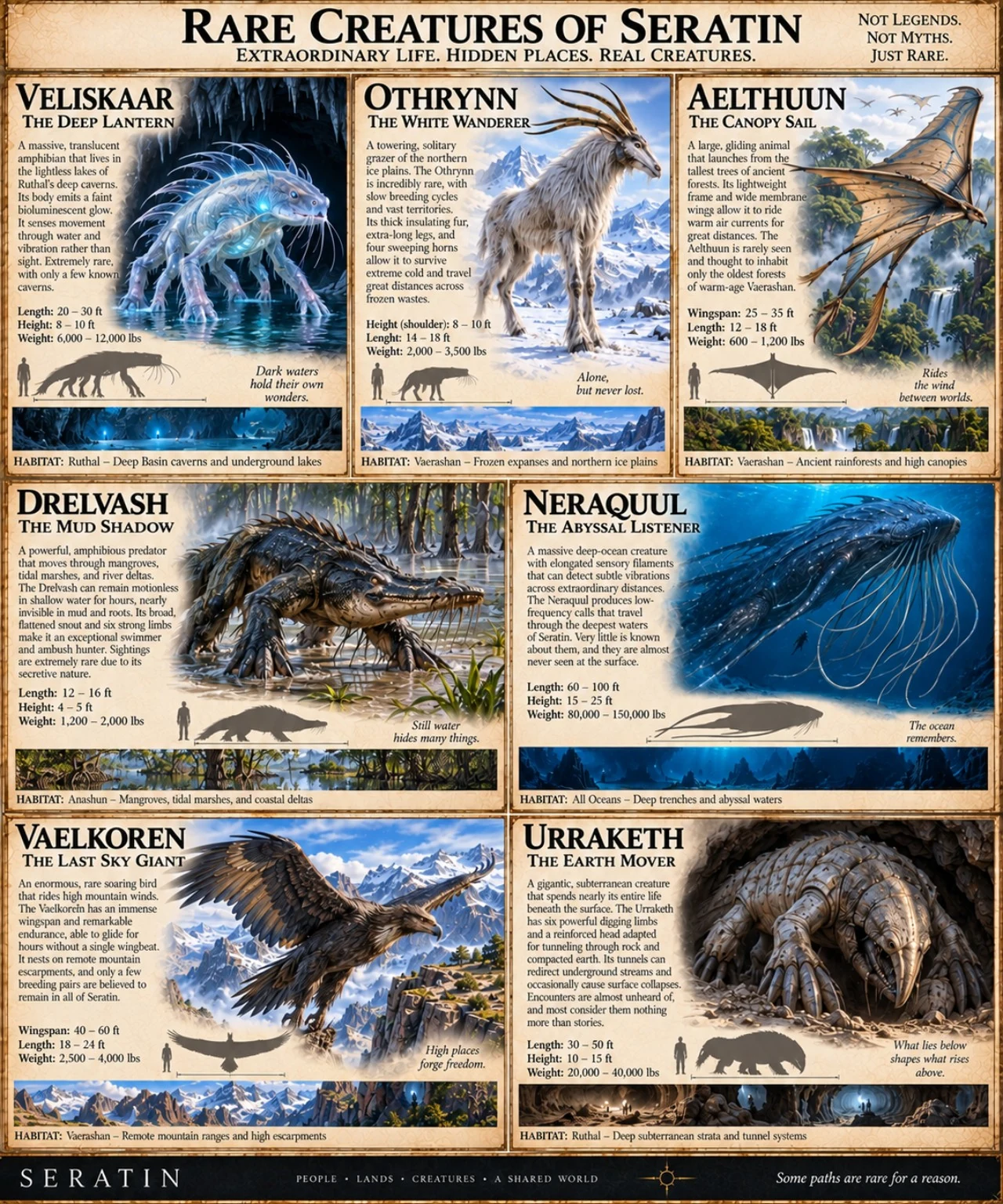 Reference sheet showing seven rare Seratin creatures, including luminous aquatic life, a white winged creature, and large terrestrial animals, with size comparisons.