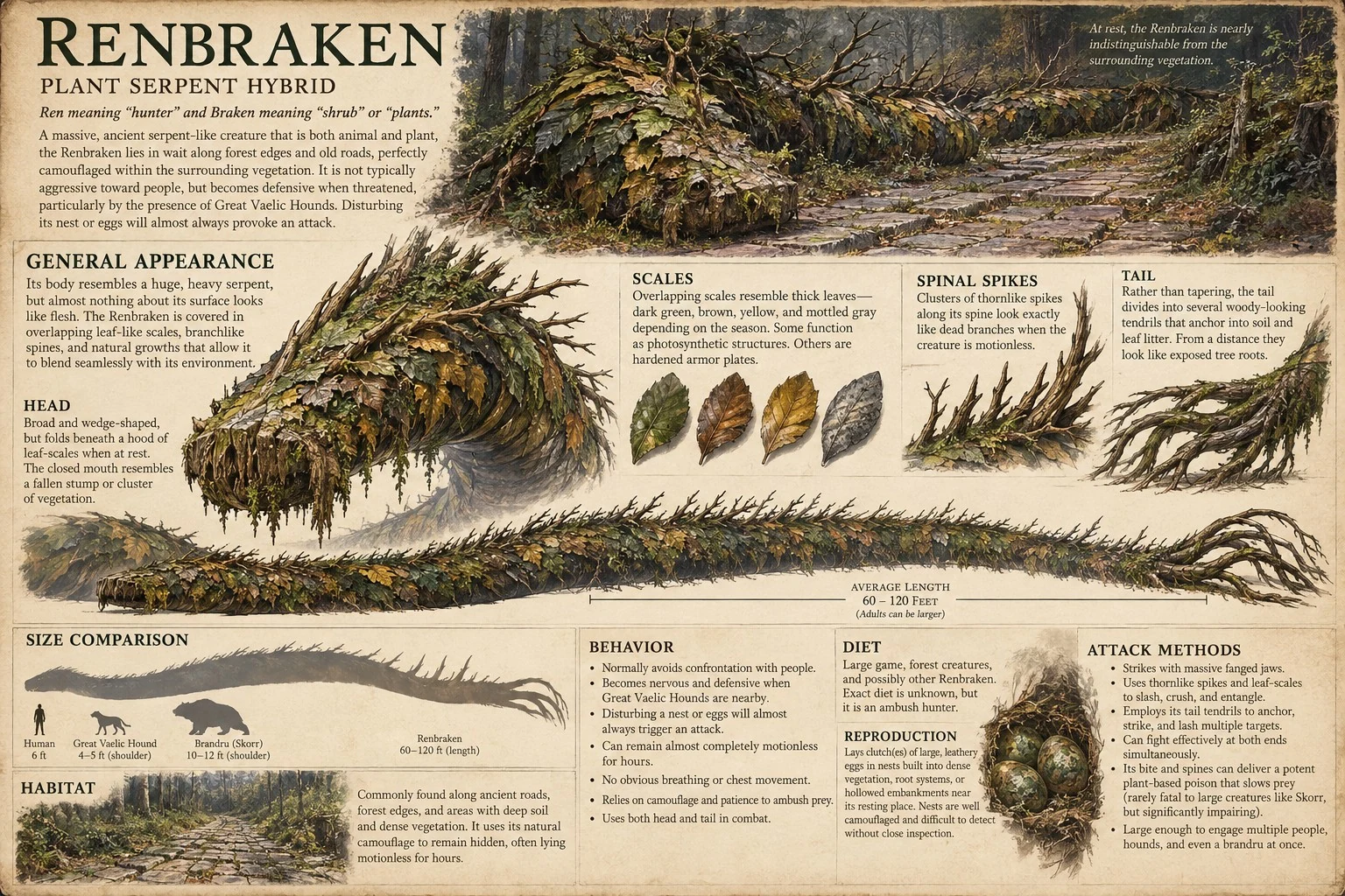 Reference plate showing the plant serpent Renbraken with leaf-covered scales, a long tail, head studies, and habitat sketches.