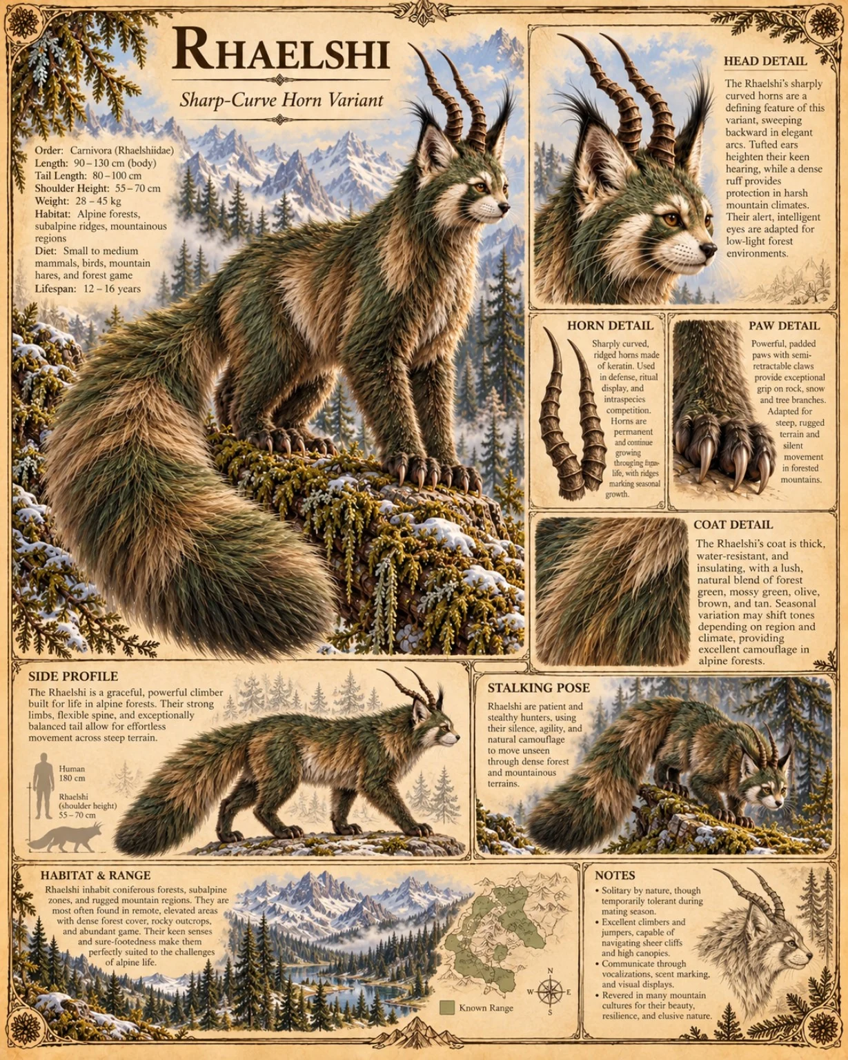 Reference plate showing the horned, long-furred Rhaelshi in a mountain forest, with head, paw, tail, coat, and size studies.