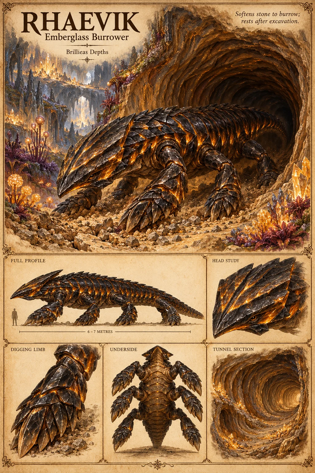 Rhaevik, a long, six-legged burrower of the Brillieas Depths covered in dark, glassy plates seamed with ember-orange light, emerges from a tunnel among glowing crystals and cave plants. Studies show its full profile at 6–7 metres beside a human figure, its head, a digging limb, its underside, and a tunnel section. It softens stone to burrow and rests after excavation.
