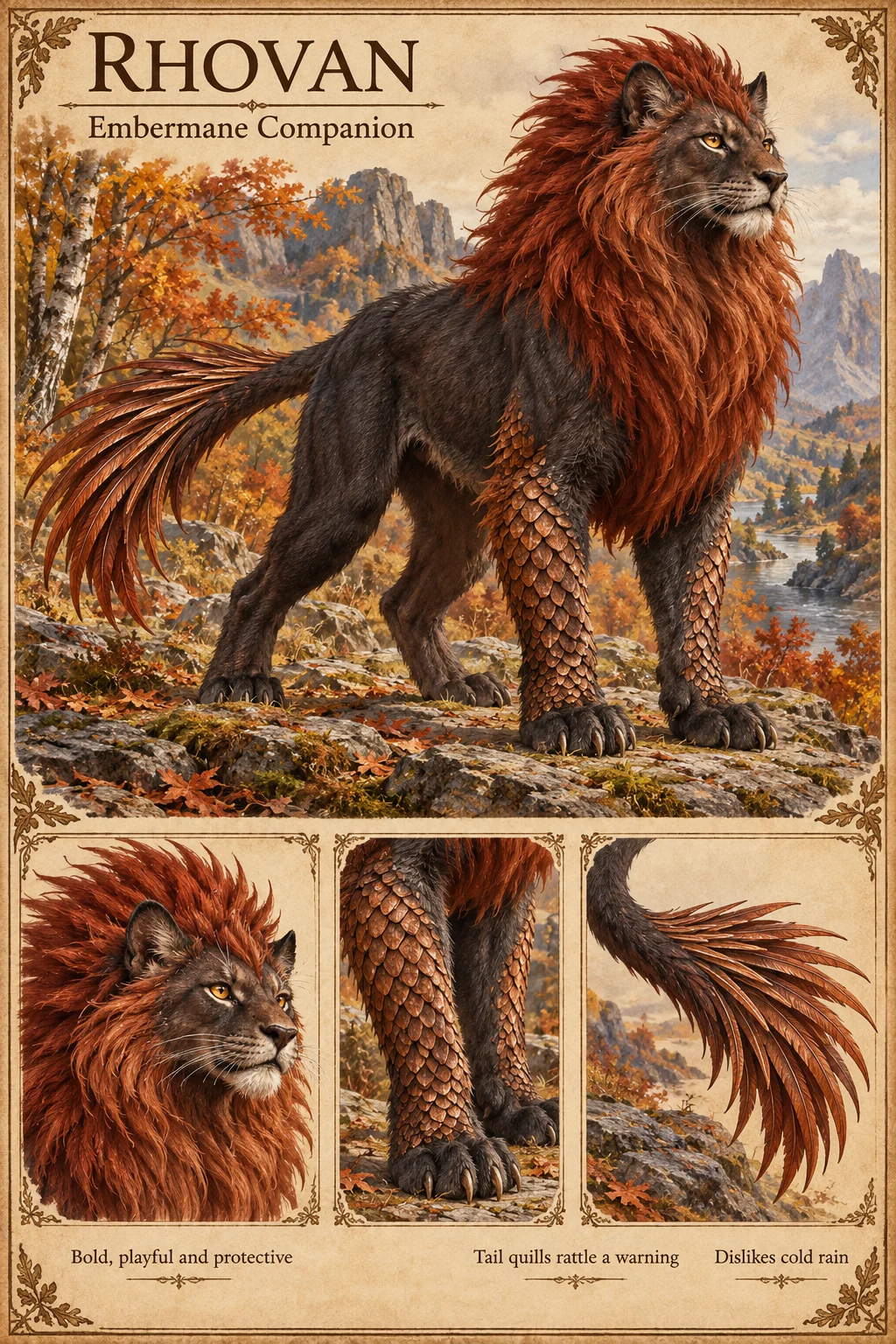 Rhovan, a lion-like Embermane companion with a flame-red mane, scaled forelegs and a quilled tail, stands among autumn trees, with mane, scaled leg and tail quill studies. Bold, playful and protective; its tail quills rattle a warning, and it dislikes cold rain.