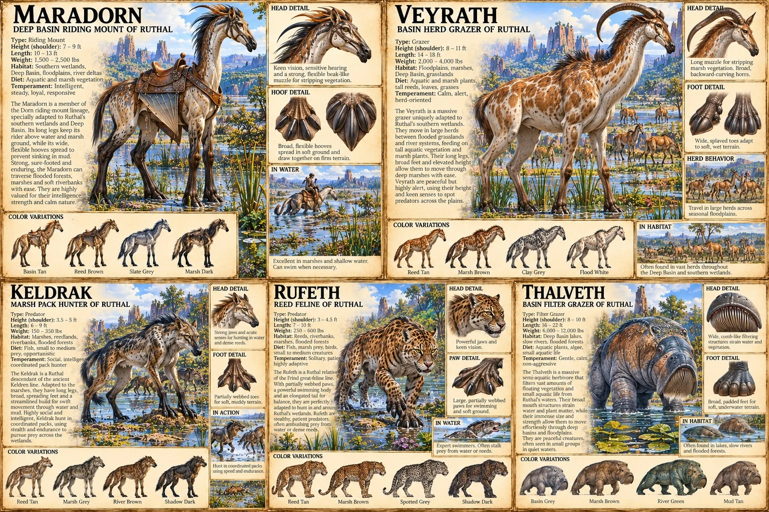 Creature reference sheet showing Maradorn, Veyrath, Keldrak, Rufeth, and Thalveth, with anatomical studies, habitats, and size comparisons.