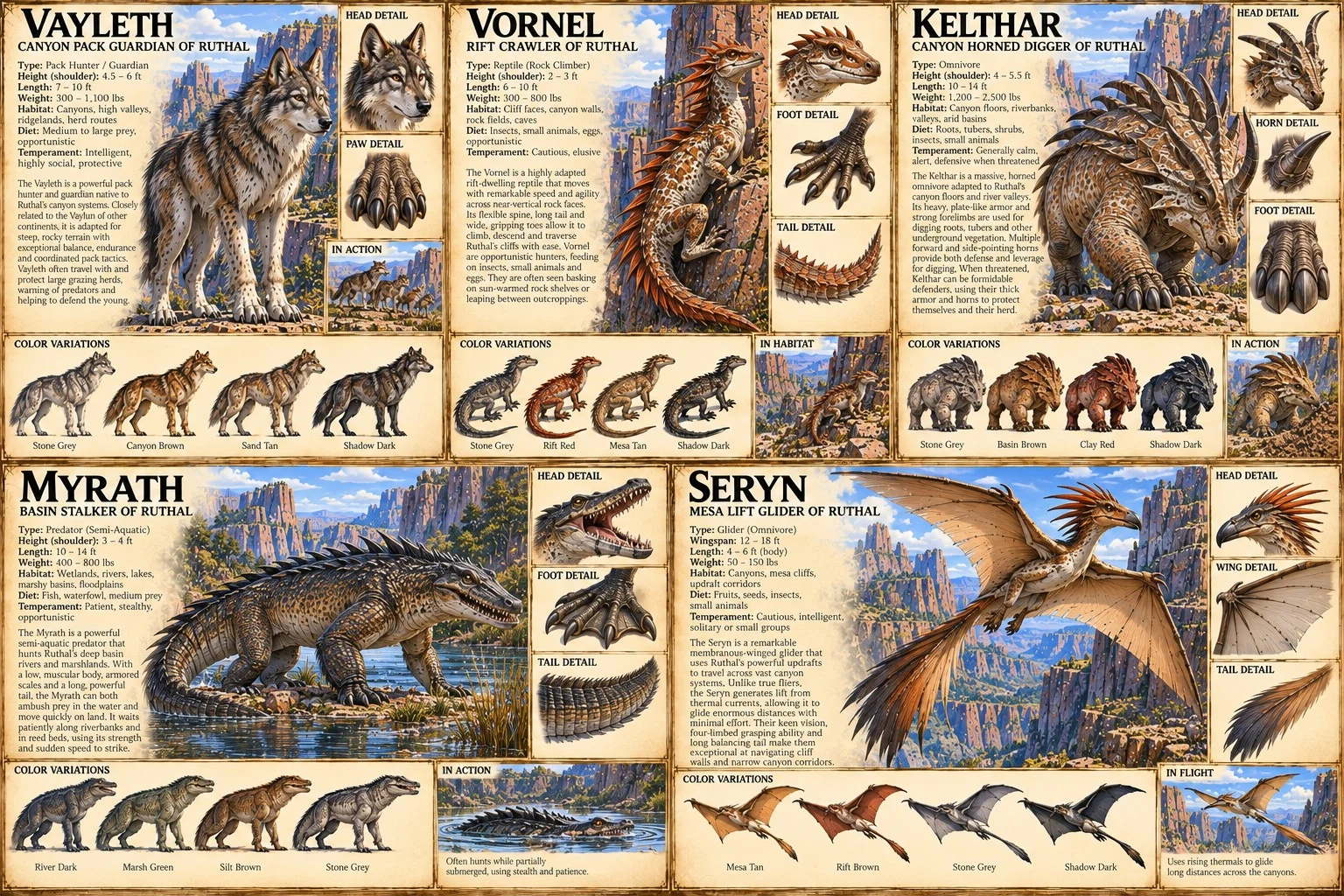 Creature reference sheet showing Vayleth, Vornel, Kelthar, Myrath, and Seryn, with anatomical studies, habitats, and size comparisons.