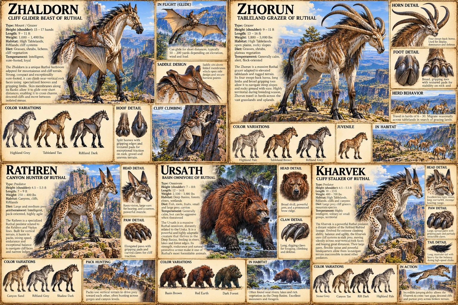 Creature reference sheet showing Zhaldorn, Zhorun, Rathren, Ursath, and Kharvel, with anatomical studies, coat variations, habitats, and size comparisons.