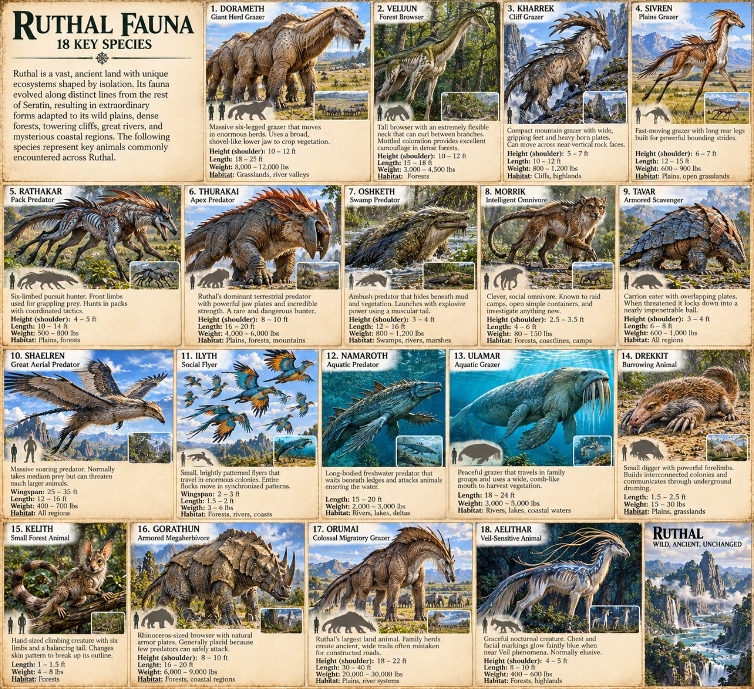 Overview reference sheet showing eighteen key species of Ruthal, with land, aquatic, and flying creatures, habitat scenes, and size comparisons.