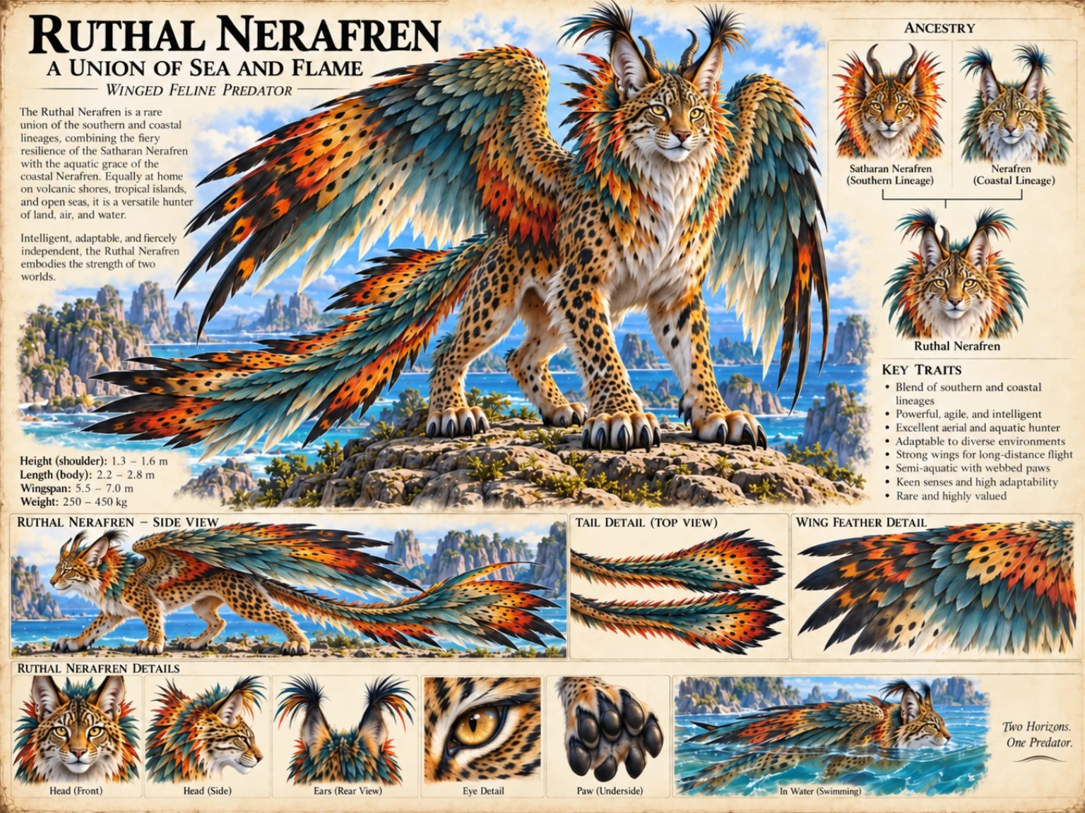Fauna reference plate showing the colorful, winged Ruthal Nerafren on a coastal rock, with ancestry, head, wing, tail, claw, flight, and swimming studies.