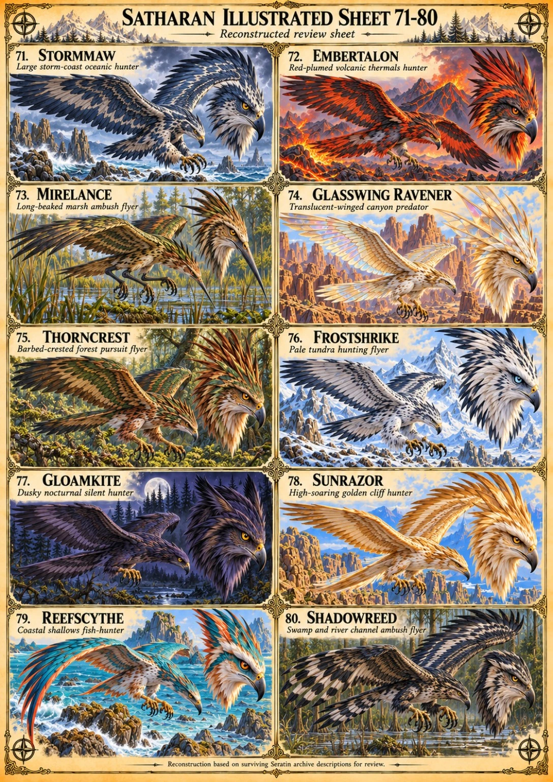 Illustrated reference sheet showing ten colorful winged creatures of Satharan in varied habitats, numbered 71 through 80.