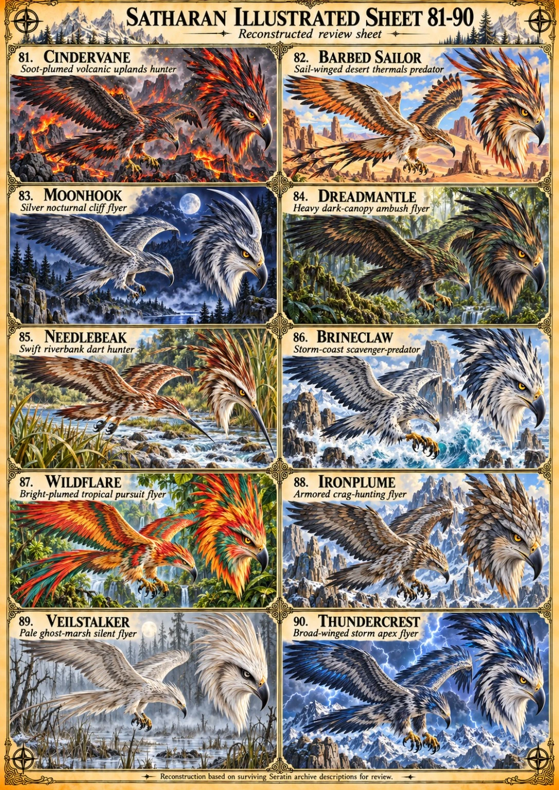 Illustrated reference sheet showing ten colorful winged creatures of Satharan in varied habitats, numbered 81 through 90.