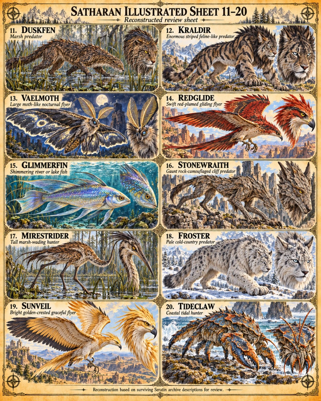 Illustrated reference sheet showing ten Satharan creatures, including feline predators, winged creatures, fish, a wading bird, and an armored coastal hunter.