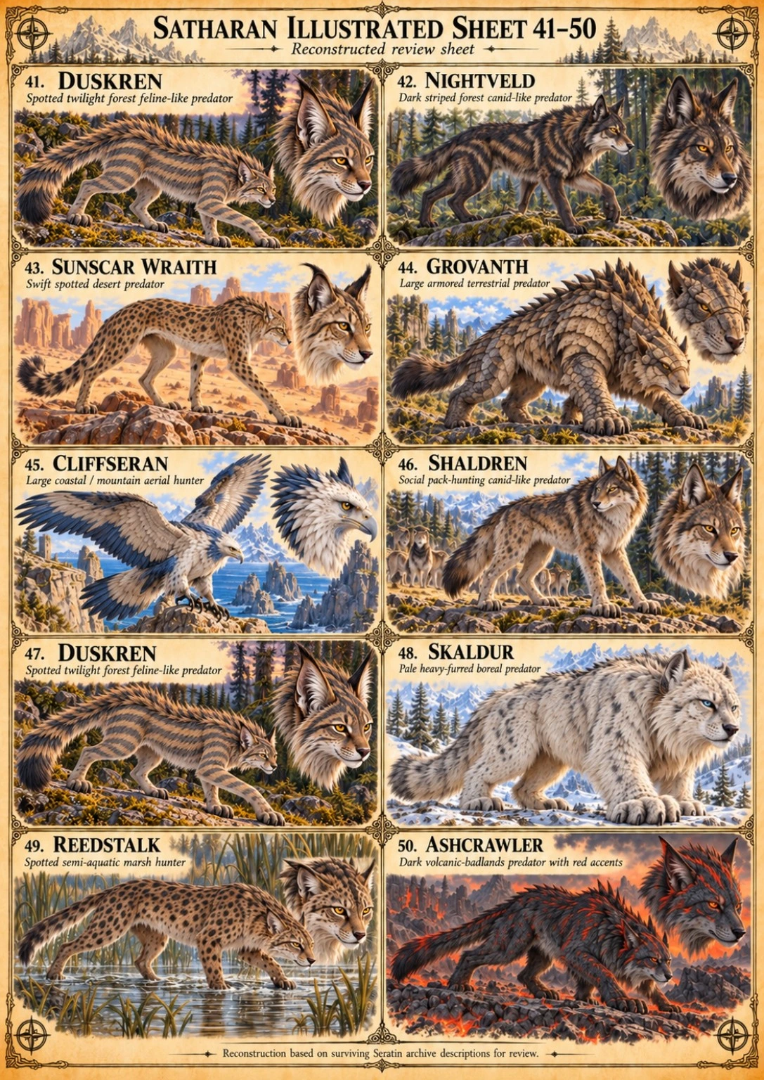 Illustrated reference sheet showing ten Satharan creatures, including striped and spotted feline predators, an armored quadruped, and a white winged creature.