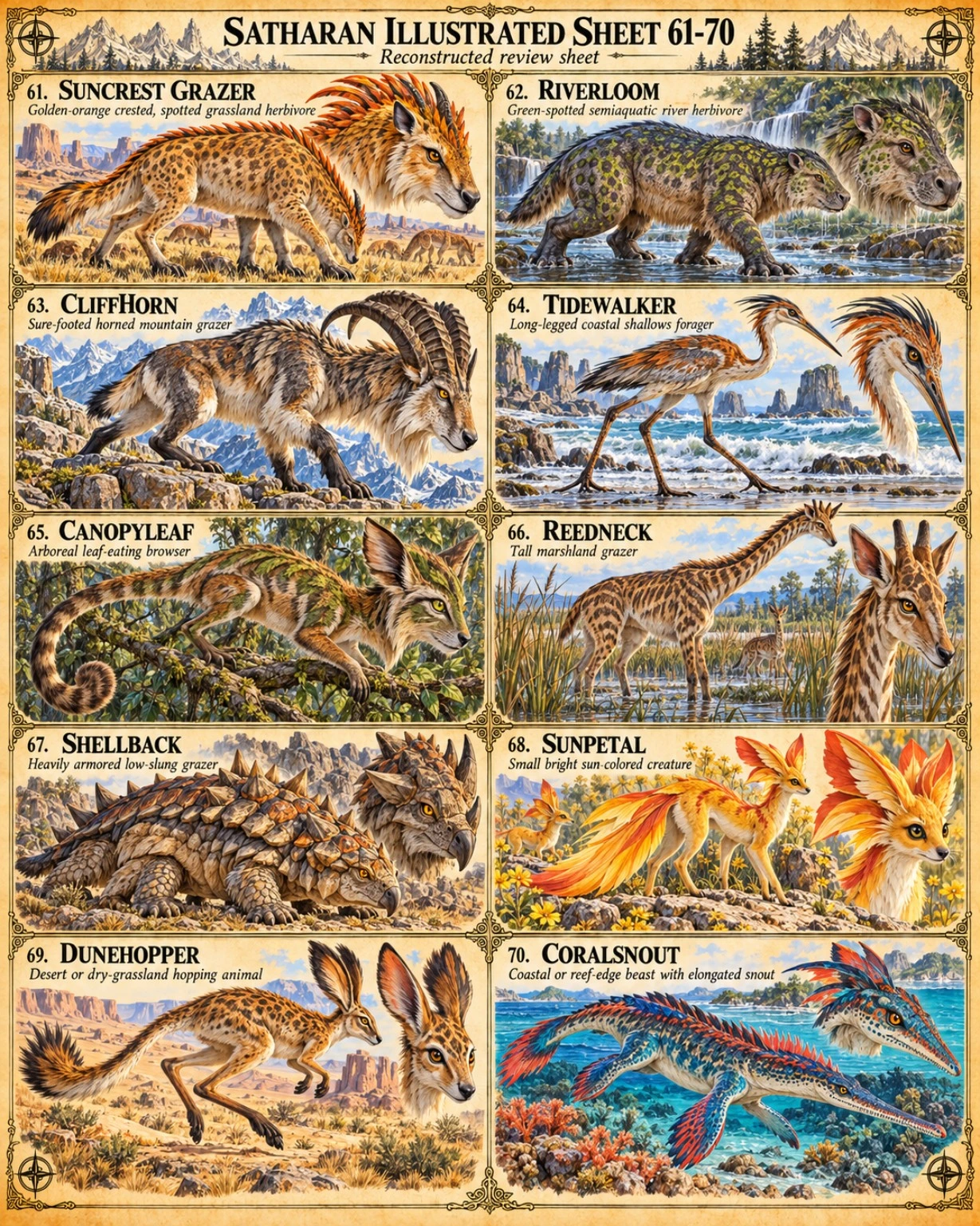 Illustrated reference sheet showing ten Satharan creatures, including grazers, a wading bird, an armored creature, a desert hopper, and a colorful reef beast.