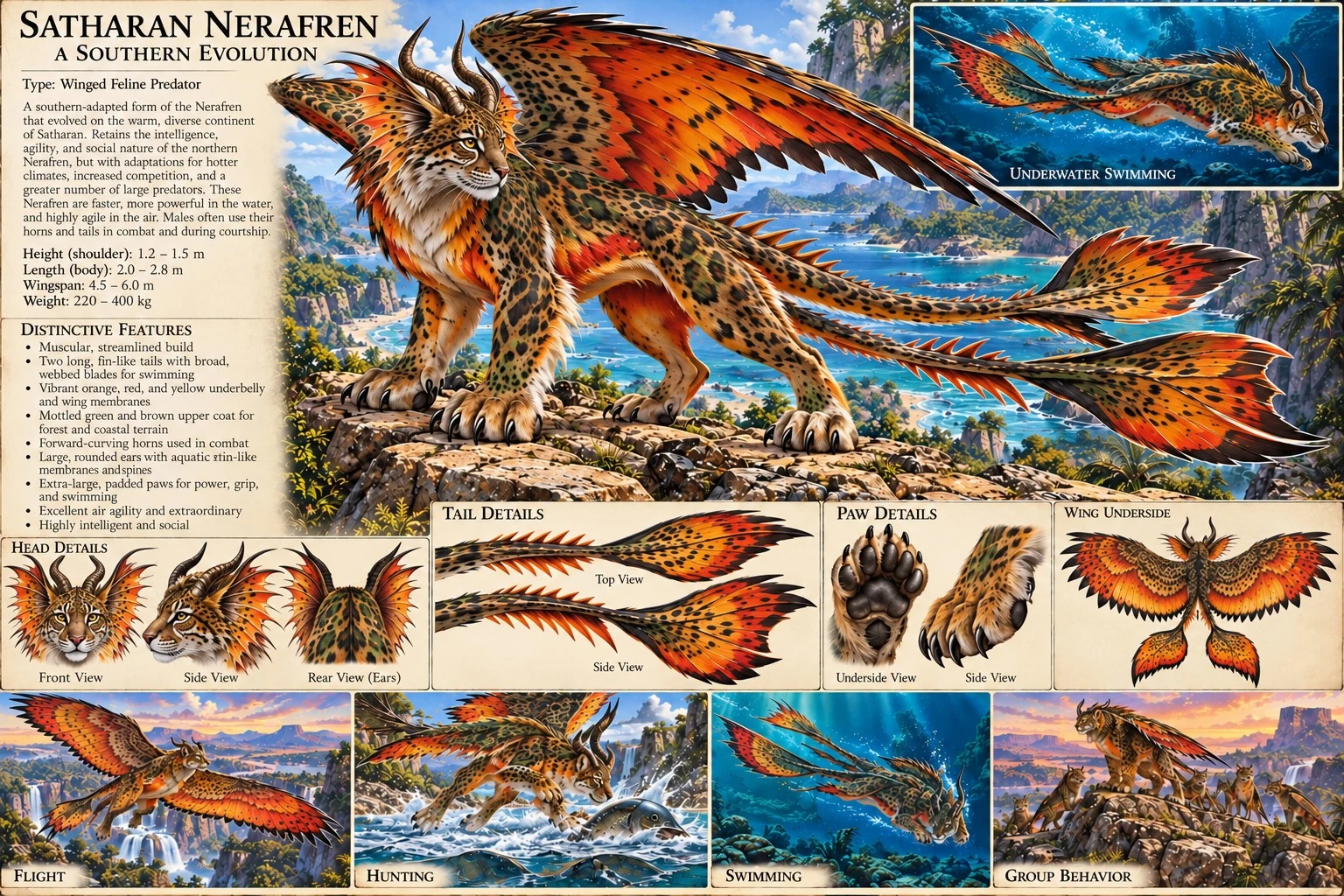 Reference plate showing the orange and blue Satharan Nerafren with wing, tail, claw, flight, and coastal habitat studies.