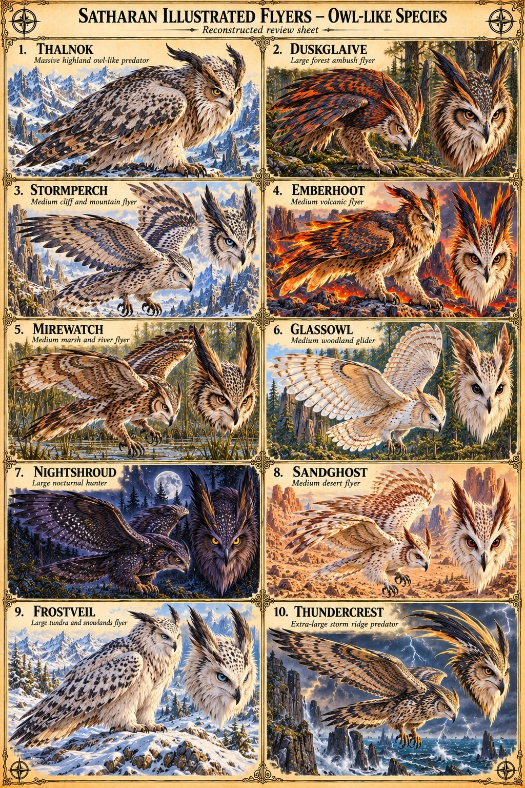 Illustrated reference sheet showing ten owl-like flyers of Satharan with portraits, plumage details, and habitat scenes.