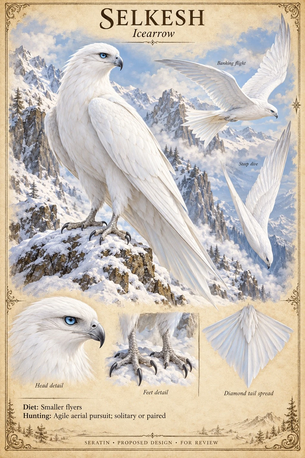 Fauna reference sheet showing Selkesh — Icearrow with appearance and anatomical detail studies.
