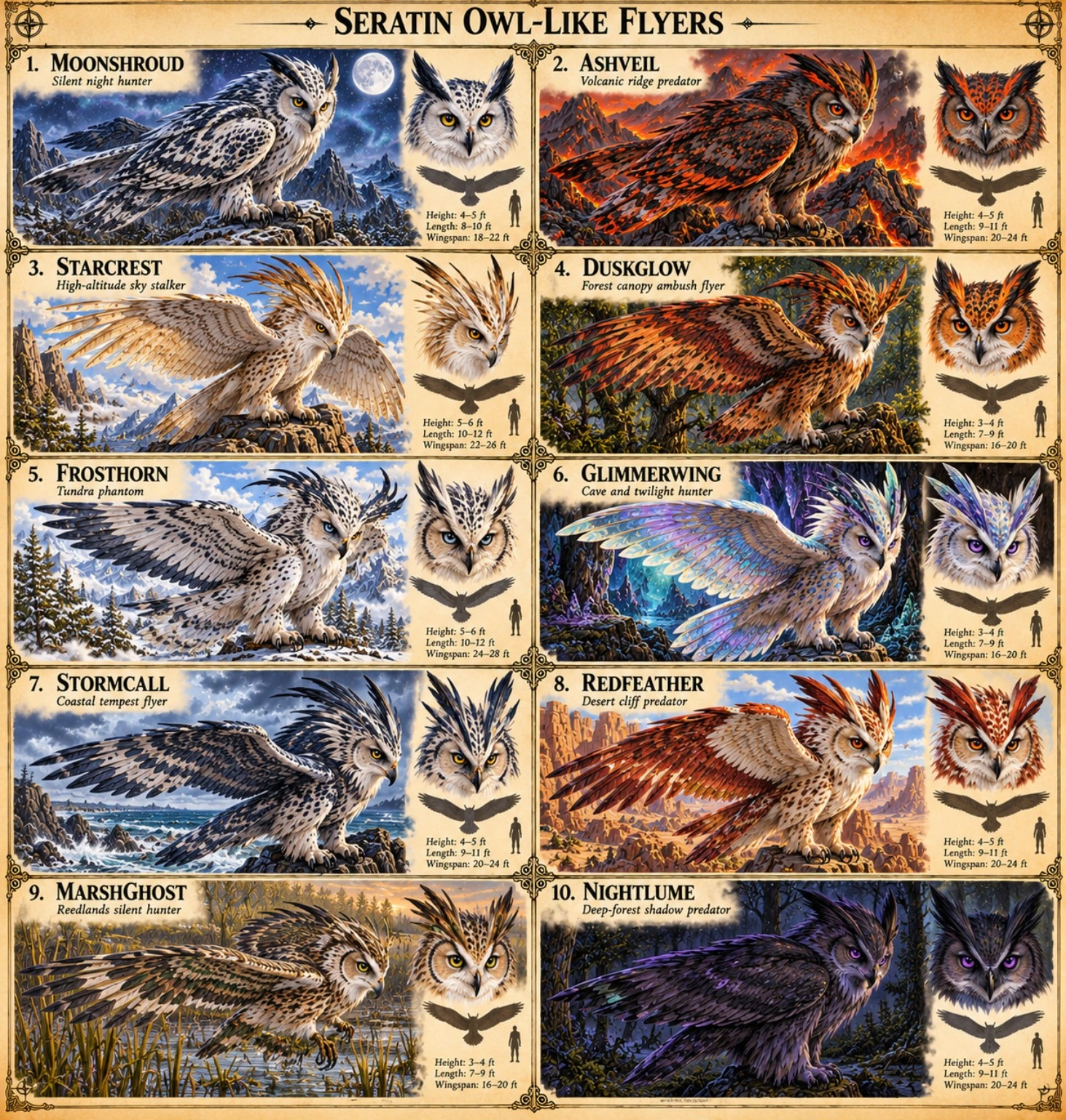 Illustrated reference sheet showing ten owl-like flyers of Seratin with portraits, plumage details, and habitat scenes.