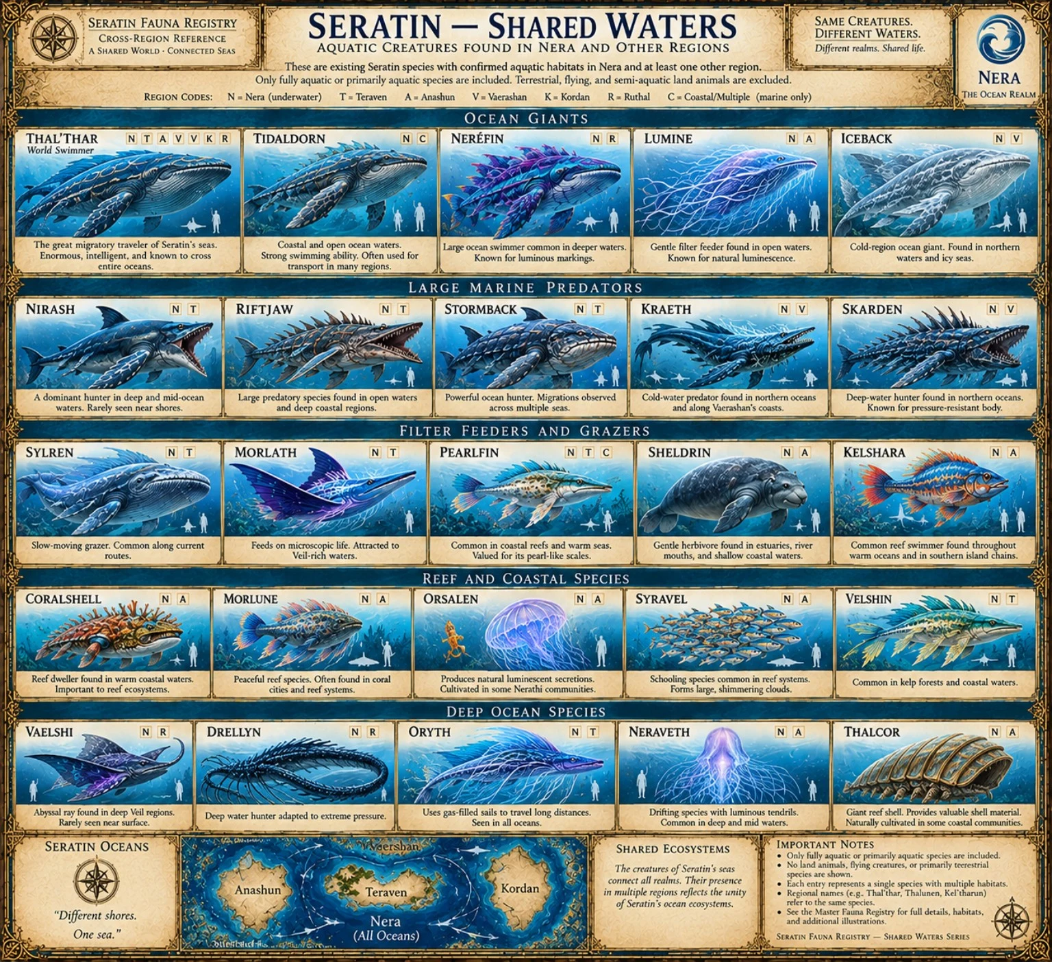 Aquatic creature registry showing ocean giants, marine predators, grazers, reef creatures, and deep ocean species, with regional codes and an ocean map.