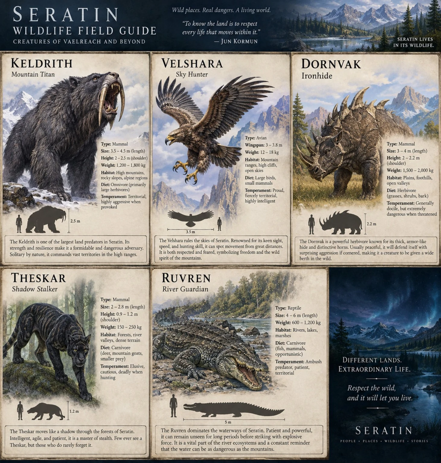 Wildlife field guide showing Keldrith, Velshara, Dornvak, Theskar, and Ruvren, with illustrated habitats, silhouettes, and descriptive notes.