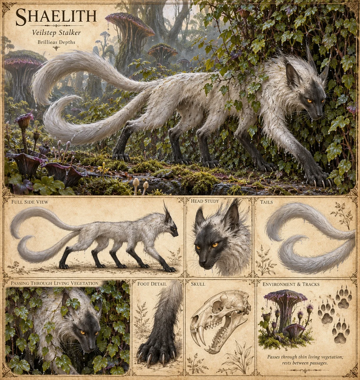 Shaelith, a lean, silver-white, black-legged stalker of the Brillieas Depths with amber eyes and two long, plumed tails, slips through a curtain of ivy among giant mushrooms. Studies show a full side view, its head, its tails, the animal passing through living vegetation, a clawed foot, its skull, and its habitat and tracks. It passes through thin living vegetation and rests between passages.