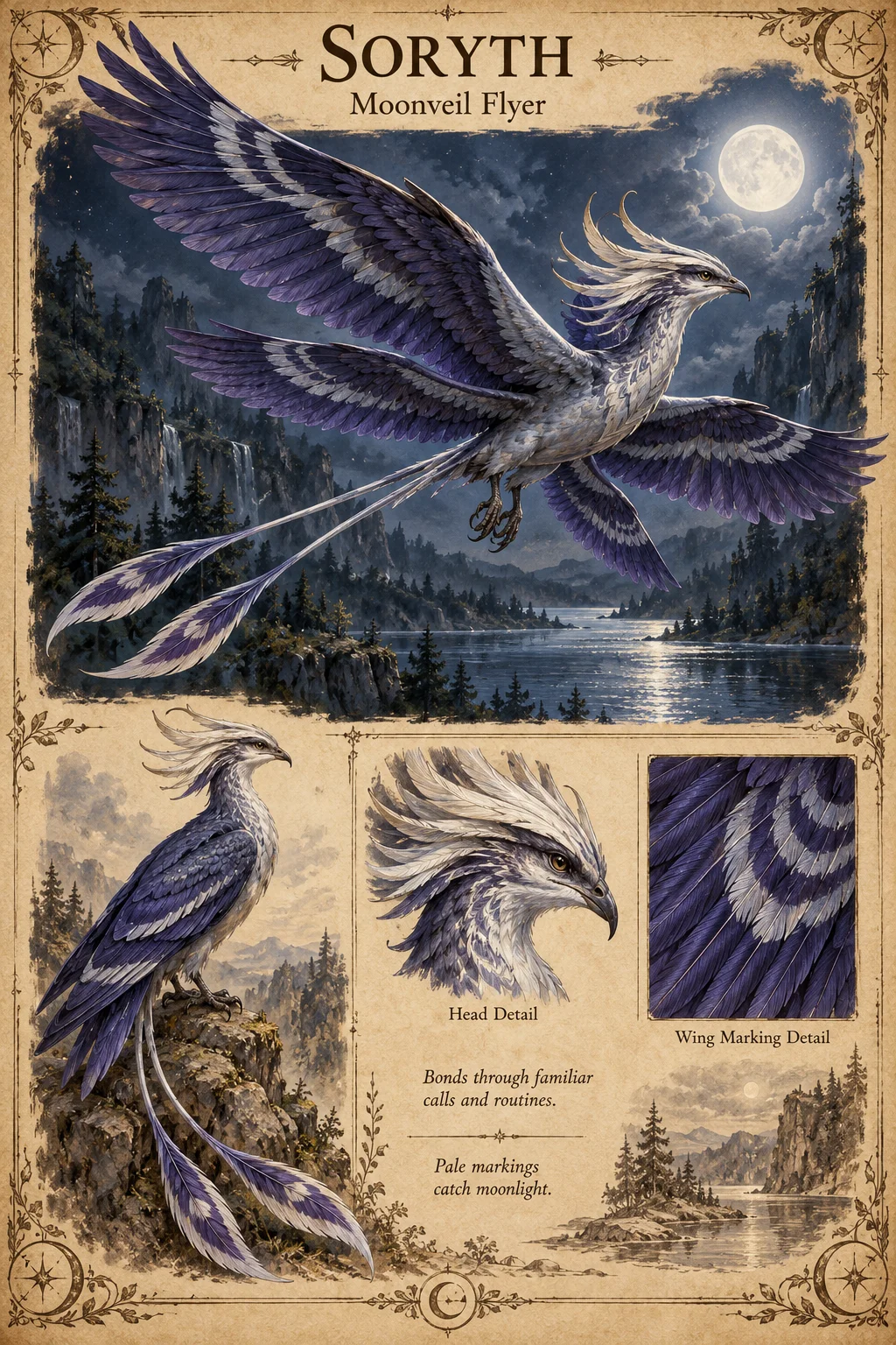 Soryth, a violet and silver crested Moonveil Flyer with long ribbon tail feathers, flies over a moonlit lake, with perched, head and wing marking studies. It bonds through familiar calls and routines, and its pale markings catch moonlight.