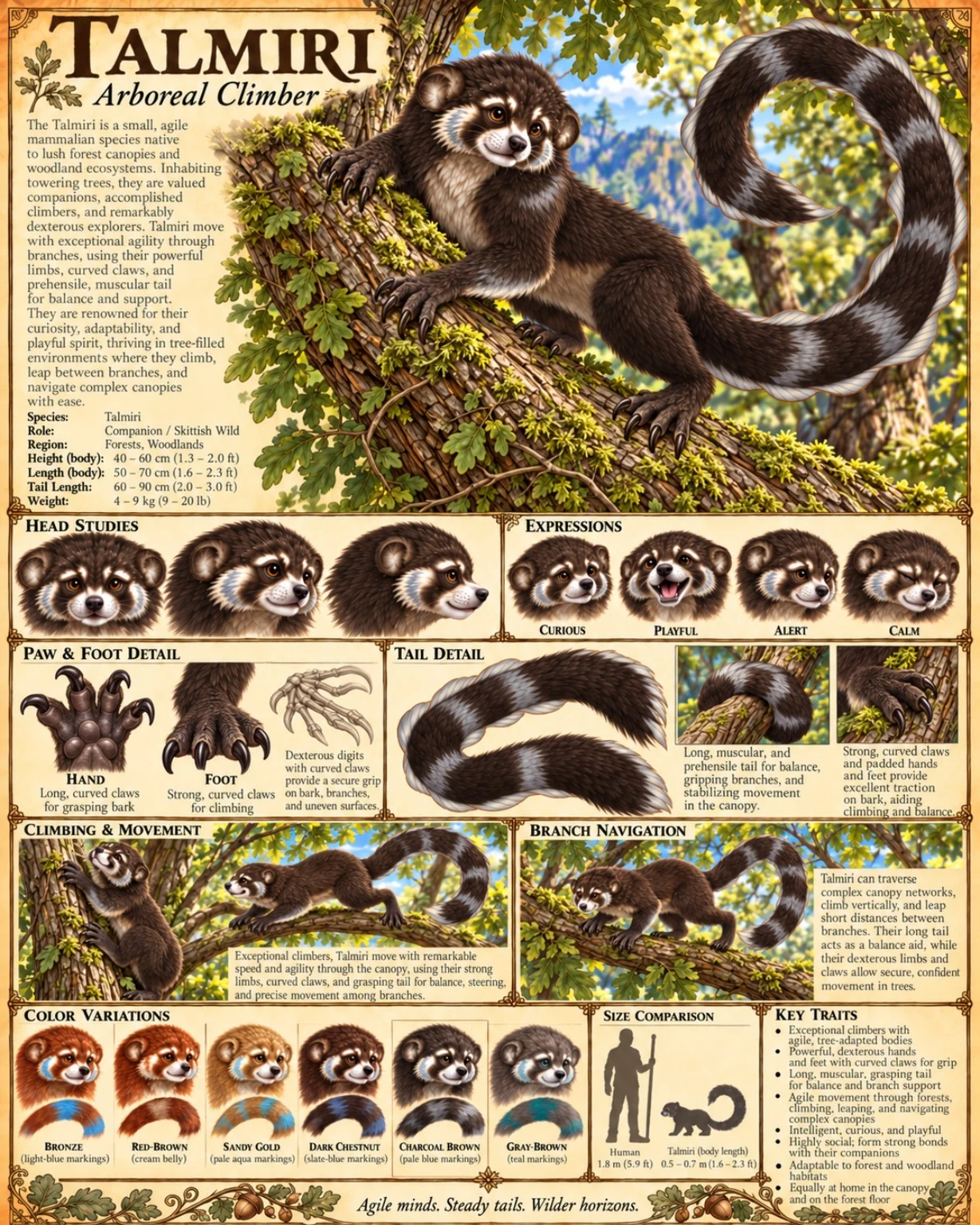Arboreal climber reference sheet with a large-eyed animal, a curled striped tail, expression studies, paws, and color variations.