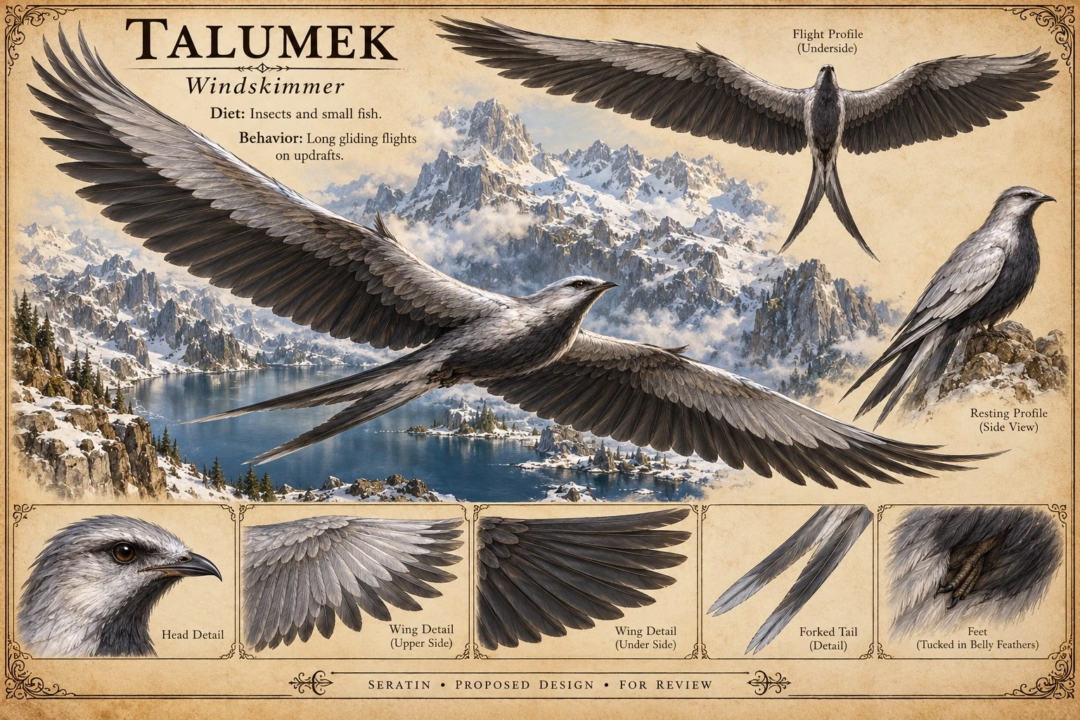 Fauna reference sheet showing Talumek — Windskimmer with appearance and anatomical detail studies.