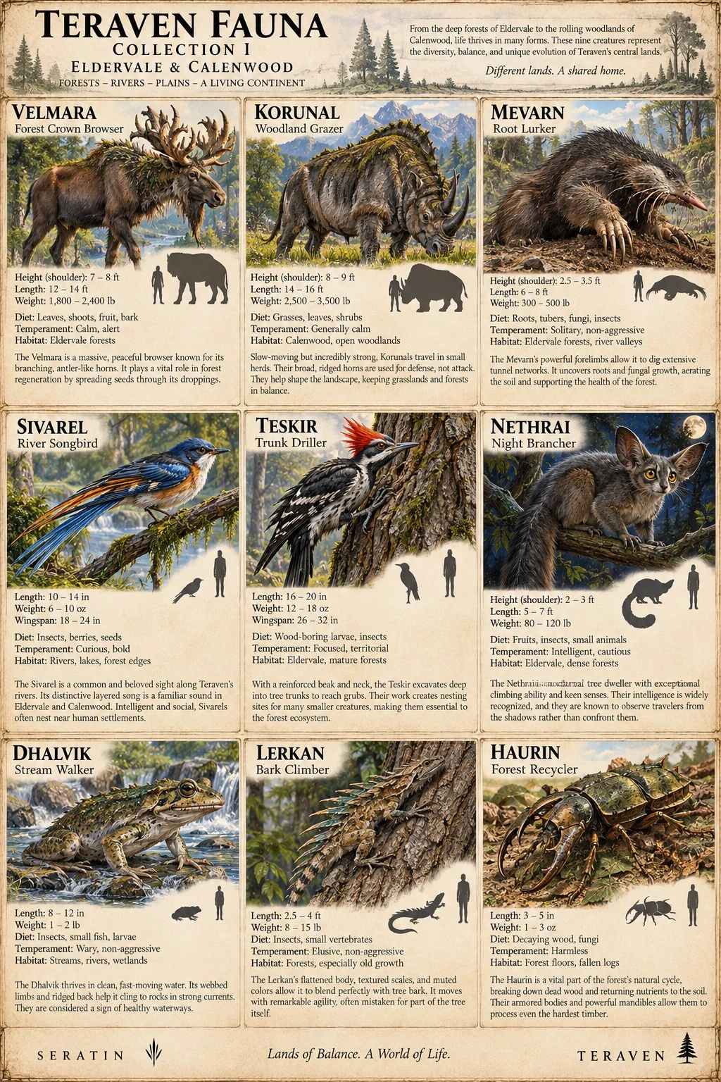 Alternate Teraven fauna Collection I reference sheet showing nine creatures in a three-column layout with habitat, diet, size, and temperament notes.