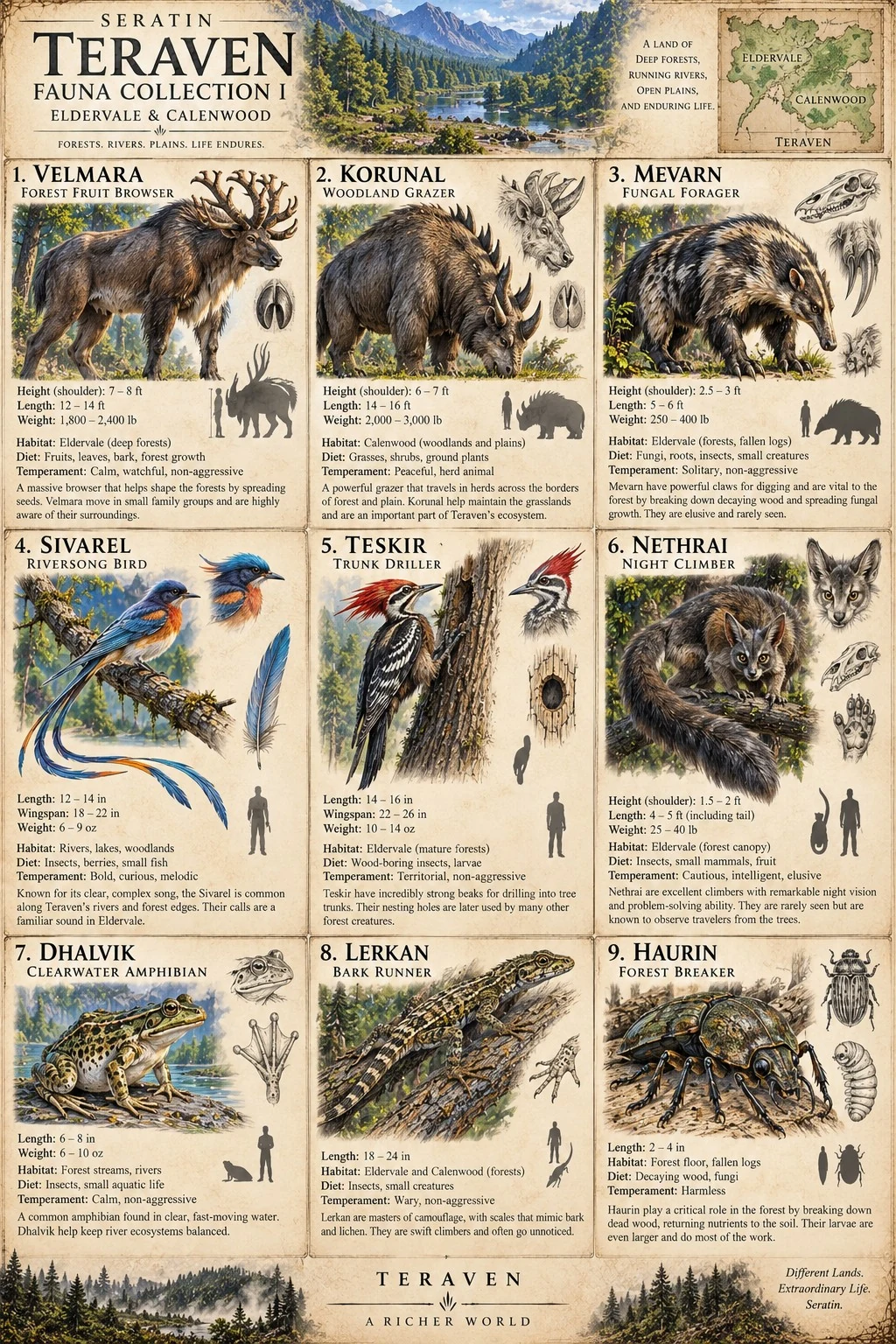 Teraven fauna Collection I reference sheet showing nine creatures, including mammals, birds, an amphibian, and insects, with a regional map and descriptive notes.