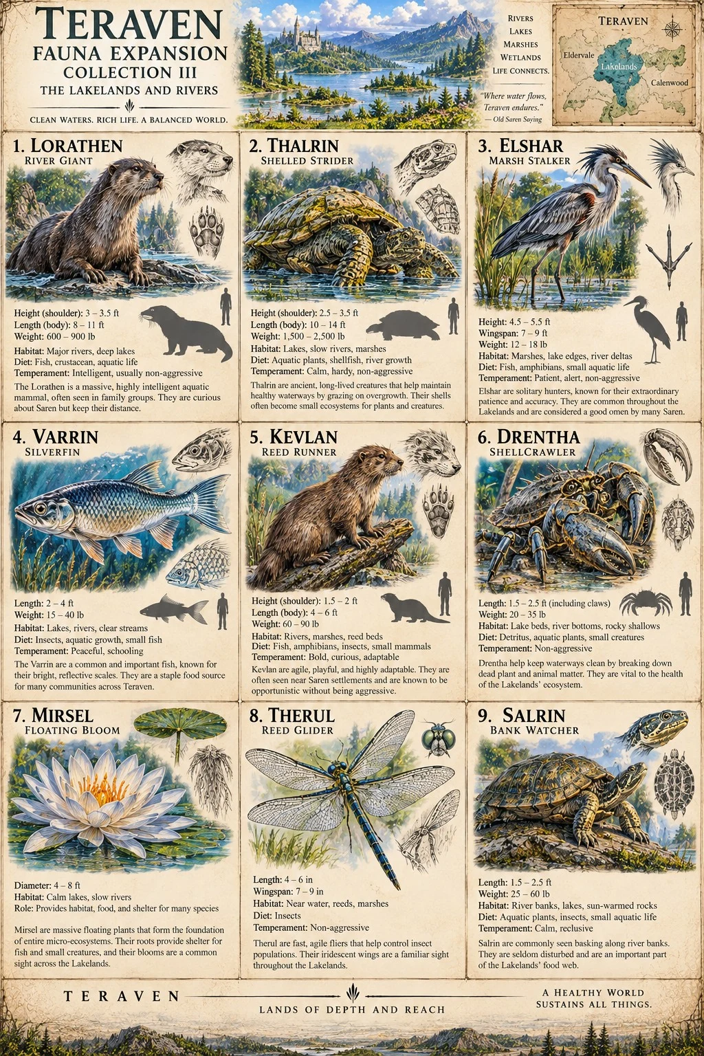 Teraven fauna expansion Collection II reference sheet showing lake and river wildlife, aquatic plants, insects, and reptiles with descriptive notes.