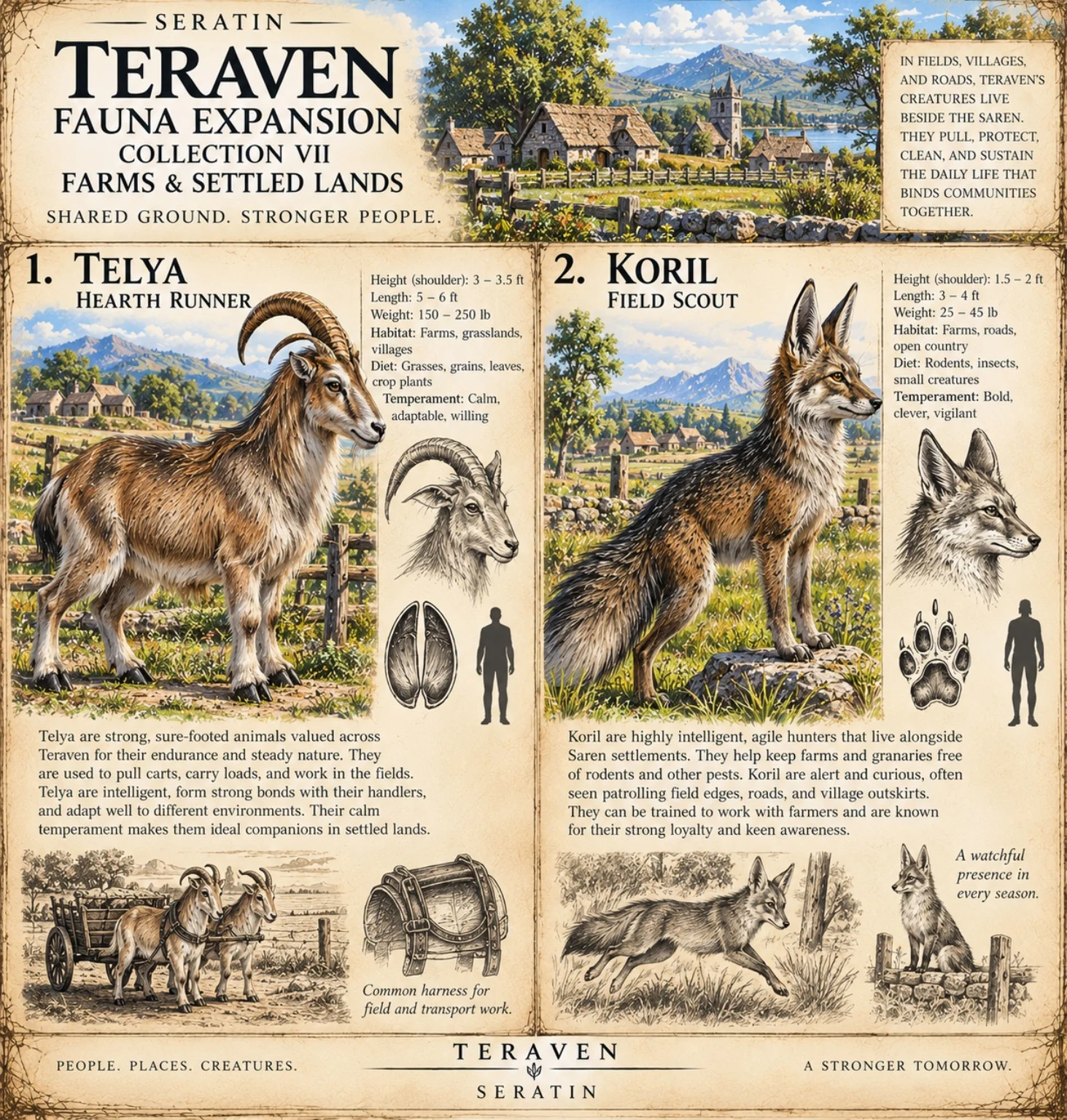 Teraven fauna expansion Collection VII reference sheet showing Telya and Koril in settled farmland, with head, foot, and size studies.