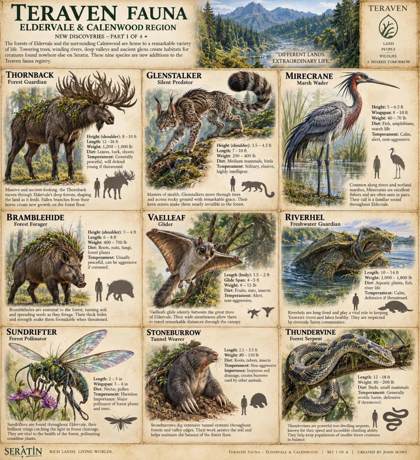 Alternate illustrated fauna reference sheet for Eldervale and the Callenwood region, showing woodland mammals, birds, insects, and reptiles with descriptive notes.