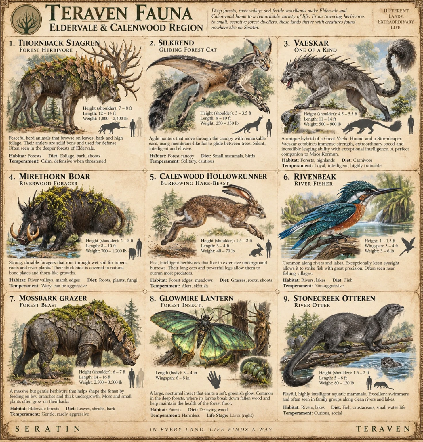 Illustrated fauna reference sheet for Eldervale and the Callenwood region, showing nine woodland creatures with habitat notes and size comparisons.