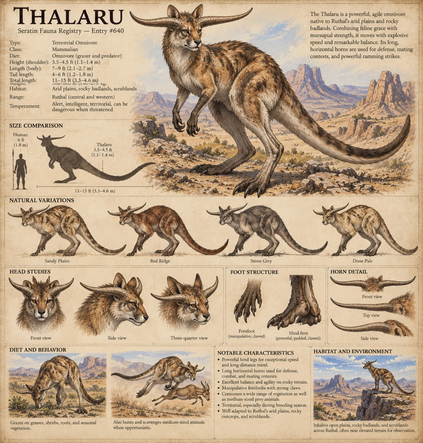 Fauna reference plate showing a long-tailed, antlered Thalaru appears with anatomical studies, regional variations, and habitat scenes.