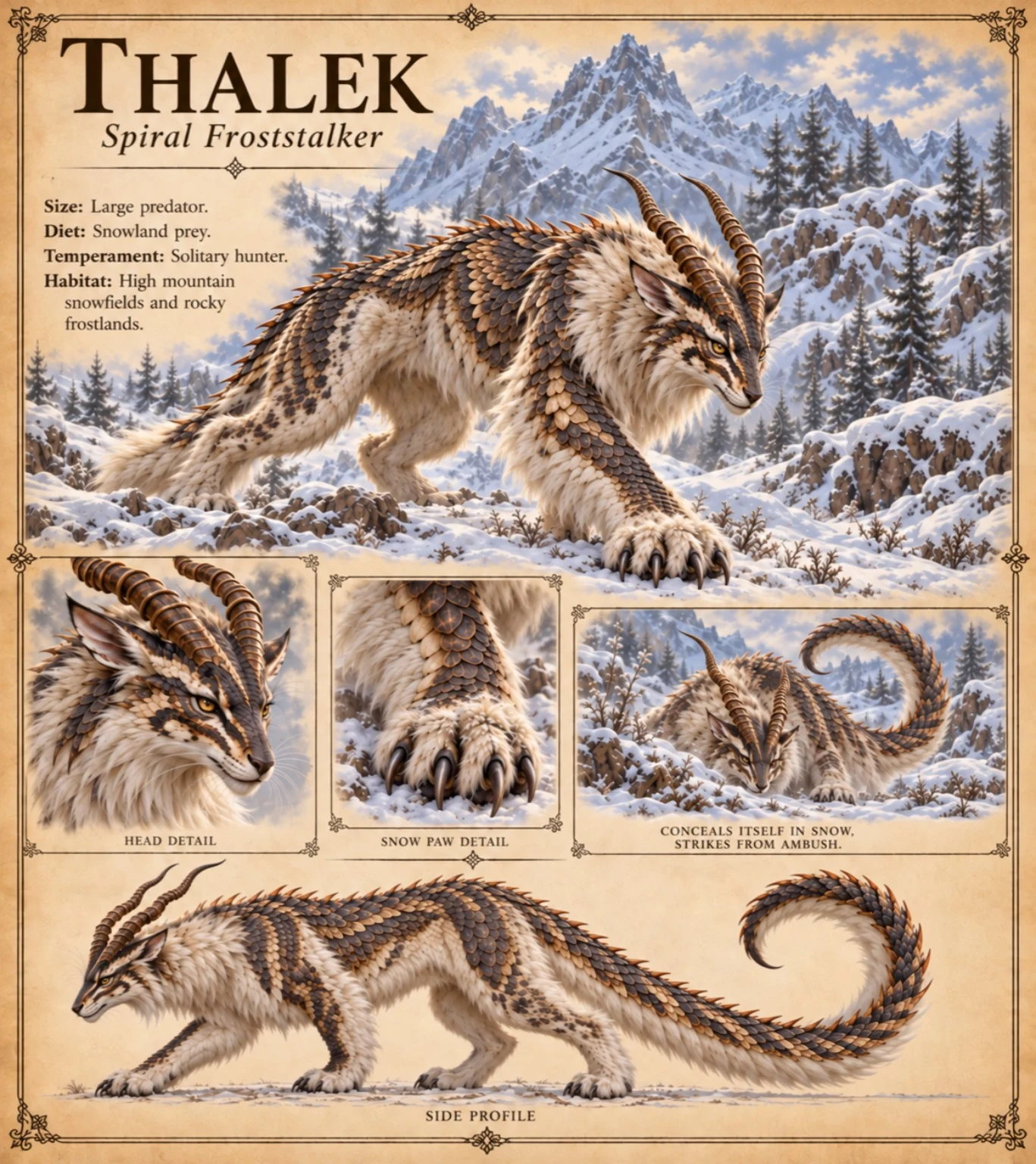 Fauna reference plate showing the Thalek, a spiral-horned froststalker, in snowy mountains, with head, paw, and side-profile studies.
