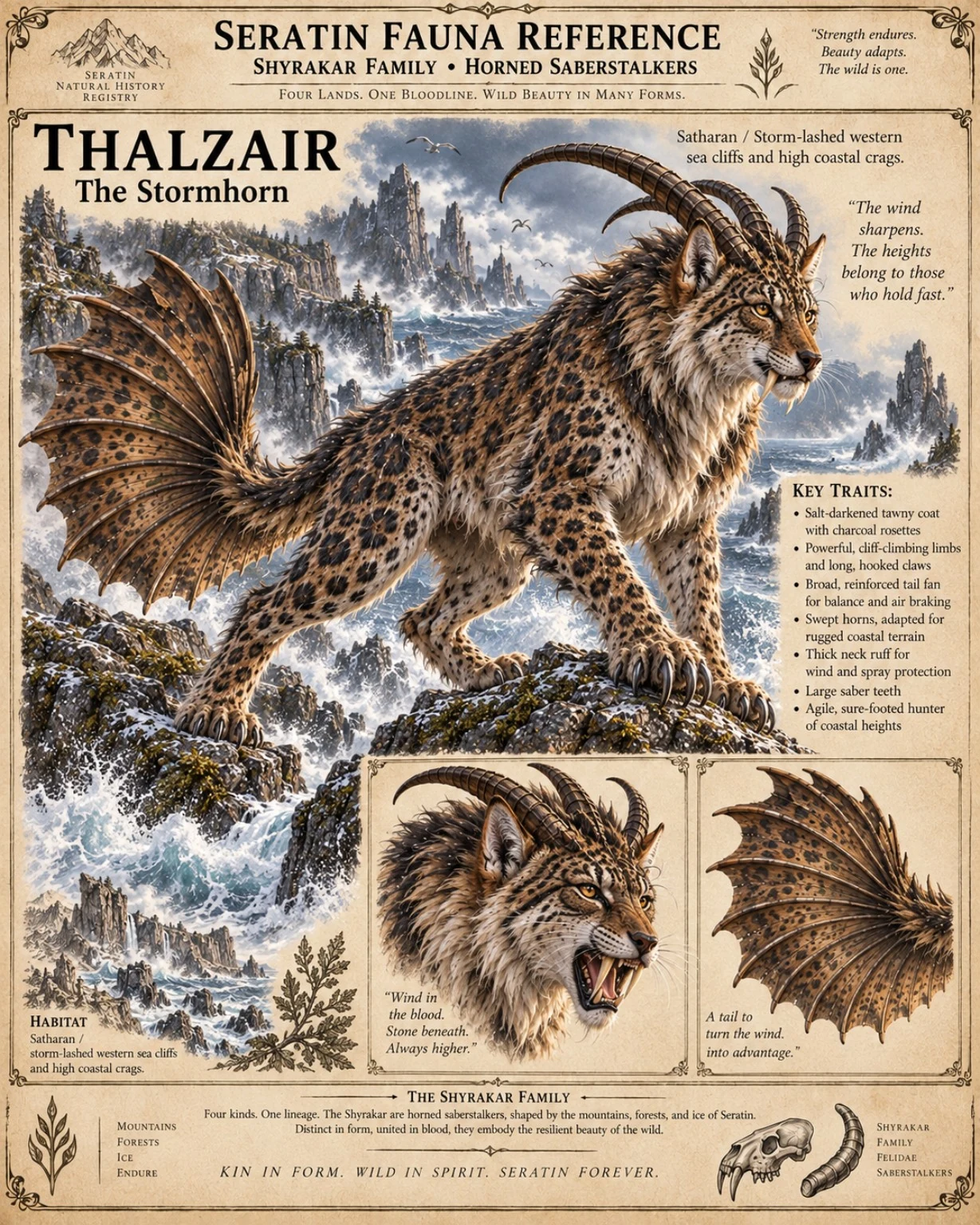 Fauna reference plate showing a spotted Thalzair with a broad feathered tail stands in snowy mountains, with head and tail studies.