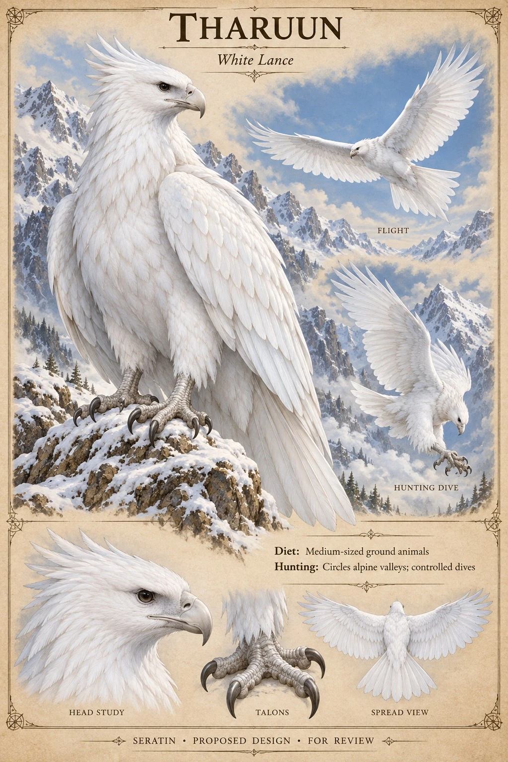 Fauna reference sheet showing Tharuun — White Lance with appearance and anatomical detail studies.
