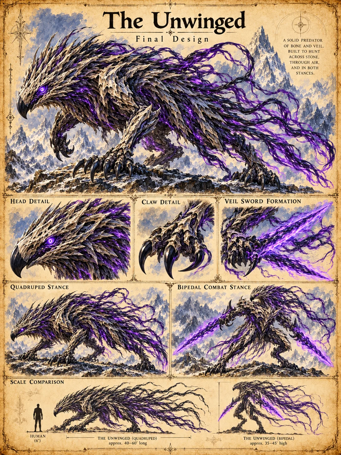 Final design sheet of the Unwinged, a solid Veilbound predator of bone and Veil built to hunt across stone and through air, with a beaked, spined head, glowing violet eye, hooked black claws and trailing violet Veil tendrils, shown on a snowy mountain ridge, with head, claw and Veil sword formation details, quadruped and bipedal combat stances, and a scale comparison beside a six-foot human: about 40–60 feet long on all fours and 35–45 feet high standing.