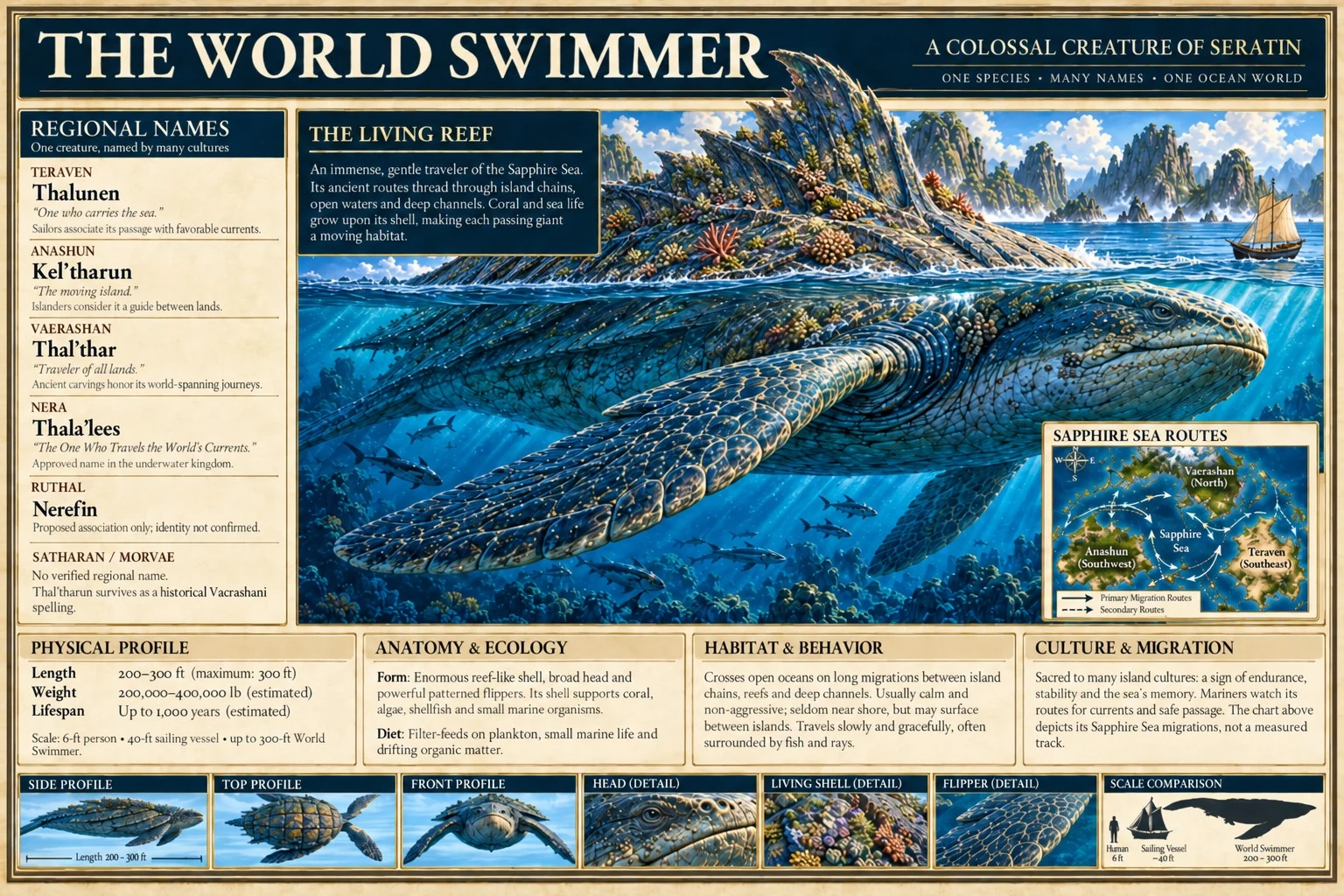 Fauna reference plate showing the colossal World Swimmer beneath island waters, with anatomy studies, a range map, and size comparisons.