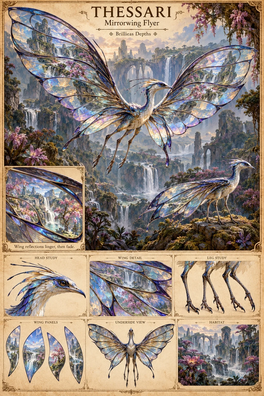 Thessari, a slender, long-legged, crested flyer of the Brillieas Depths with four iridescent, glass-like wings that mirror the waterfalls and blossoms around it, soars above a cliff valley while another perches on a rock. Studies show a wing reflection, its head, wing detail, legs, wing panels, an underside view and its habitat. Wing reflections linger, then fade.