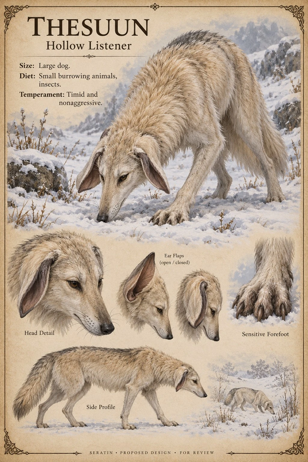 Fauna reference sheet showing Thesuun — Hollow Listener with appearance and anatomical detail studies.