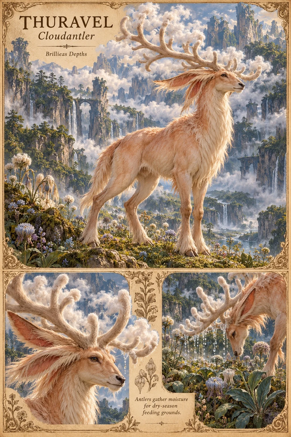 Thuravel, a long-legged, pale golden, deer-like animal of the Brillieas Depths with wide, velvety antlers wreathed in cloud, stands on a flowering ridge above misty cliffs, arches and waterfalls. Studies show its head and cloud-wrapped antlers, and the animal grazing as water drips from its antlers. Its antlers gather moisture for dry-season feeding grounds.