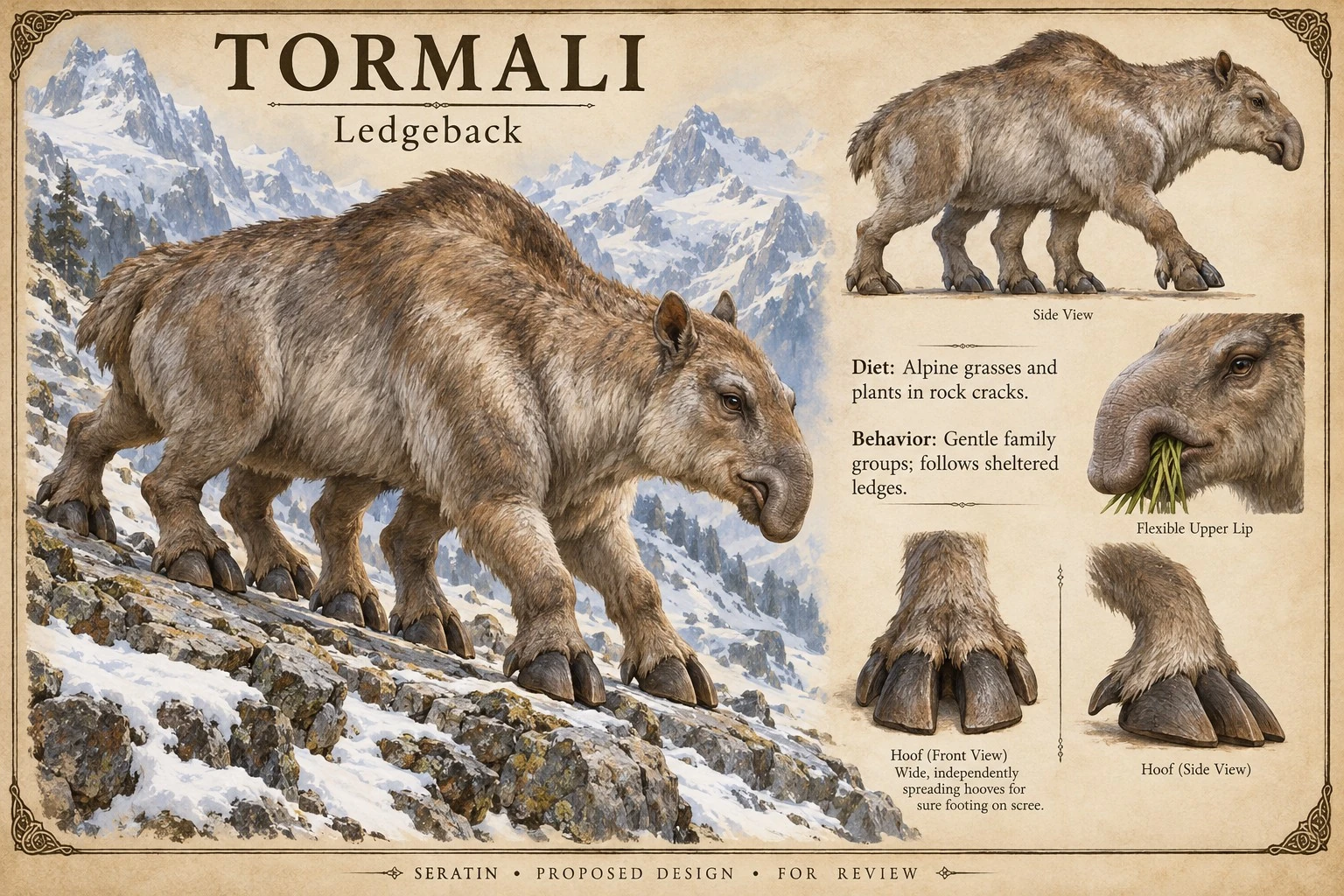 Fauna reference sheet showing Tormali — Ledgeback with appearance and anatomical detail studies.