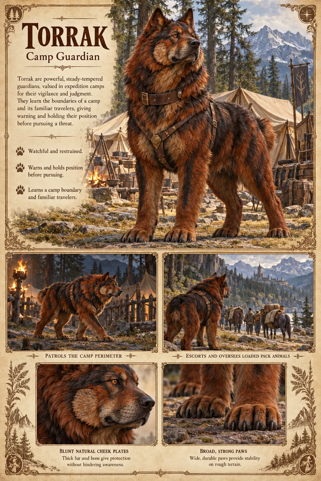 Torrak, a large, russet and black, wolf-like camp guardian with a leather collar and harness, stands watch over an expedition camp, with studies of it patrolling the camp perimeter, escorting pack animals, and its natural cheek plates and broad paws. Watchful and restrained; it warns and holds position before pursuing, and learns a camp’s boundary and familiar travellers.
